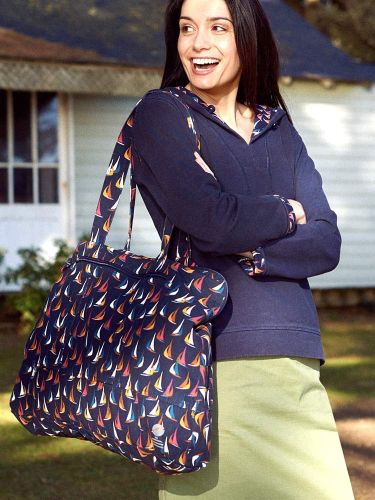 Large Beach Bag with Zip, Navy Blue with Boats Print