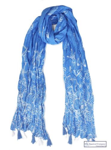 Coastal Tassel Scarf, Blue/White