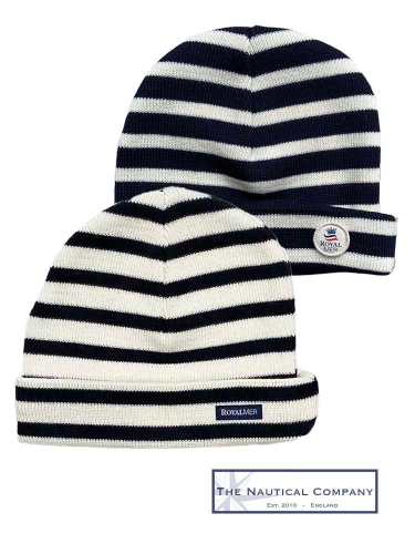 Ecru/Navy Stripe Hat, Merino Wool Rich - made in France