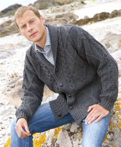 Men's Chunky Shawl Neck Cardigan, Charcoal Grey, Merino Wool